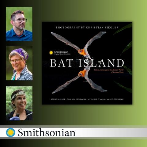 Small shots of scientists smiling next to the cover of the book 'Bat Island'