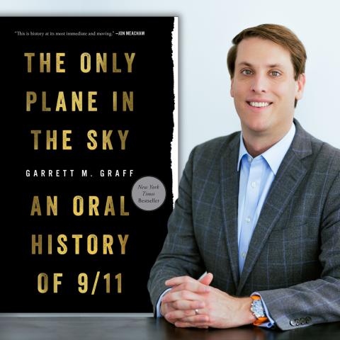 Photo of author Garrett Gaff smiling next to the cover of his book 'The Only Plane In The Sky'