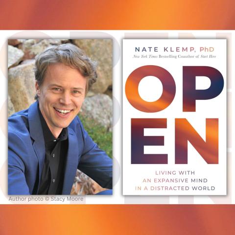 Photo of author Nate Klemp smiling alongside the cover of his book 'Open'