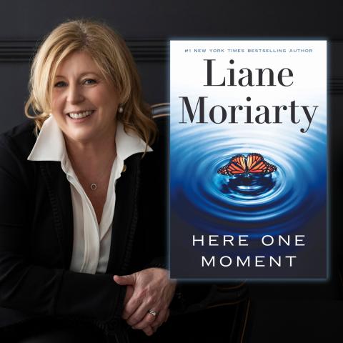 Photo of author Liane Moriarty smiling alongside the cover of her book 'Here One Moment'