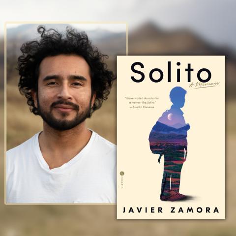 Photo of author Javier Zamora alongside the cover of his book 'Solito'