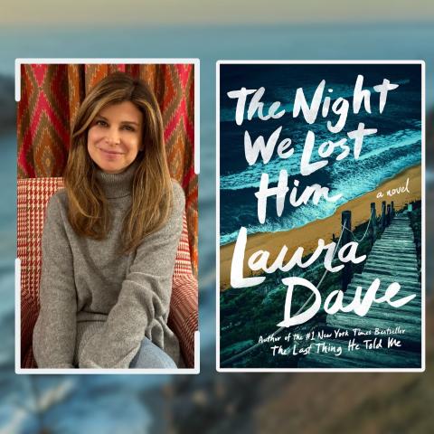 Photo of author Laura Dave smiling next to the cover of her book 'The Night We Lost Him'