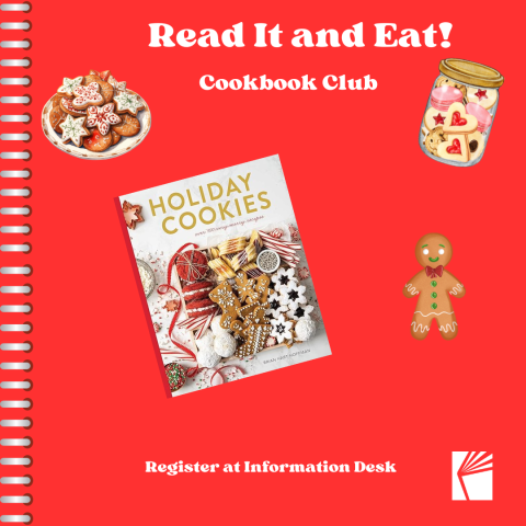 Read it and Eat! Cookbook club in white lettering; Photo of Holiday Cookies cookbook; gingerbread man plate of cookies jar of cookies