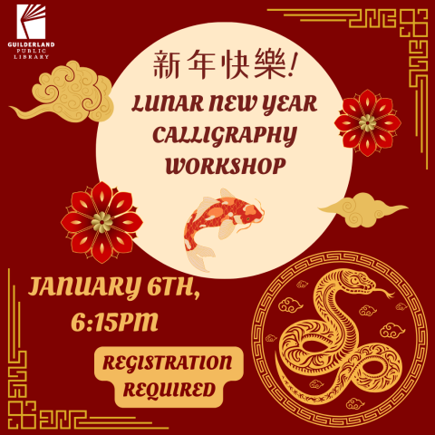 Red & gold colored text with a Moon featuring the words 'Lunar New Year Calligraphy Workshop'