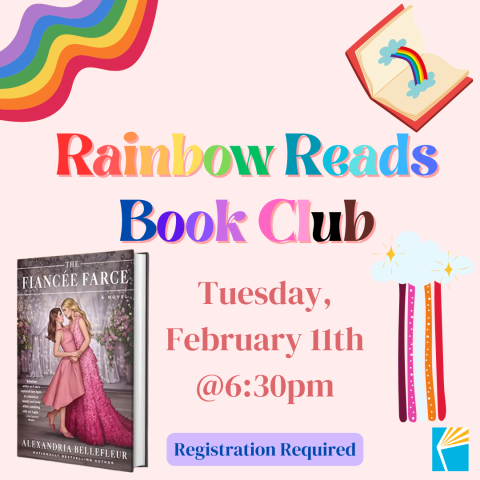 Rainbow Reads Book Club graphic featuring the cover of the book "The Fiancée Farce"