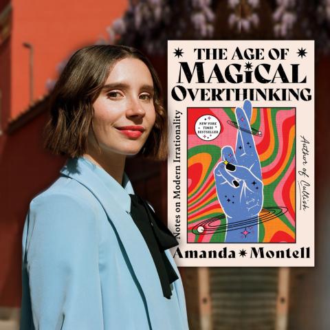 Photo of author Amanda Montell smiling alongside the cover of her book 'The Magical Age Of Overthinking'