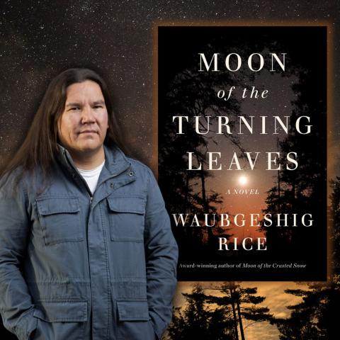 Photo of author Waubgeshig Rice alongside the cover of his book 'Moon of the Turning Leaves'