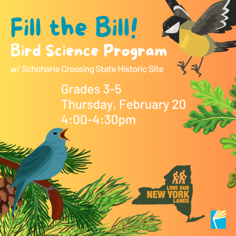 Yellow image with a yellow and blue birds. Image says "Fill the bill: Bird Science Program" Grades 3-5 Thursday February 20, 4 to 4:30pm.