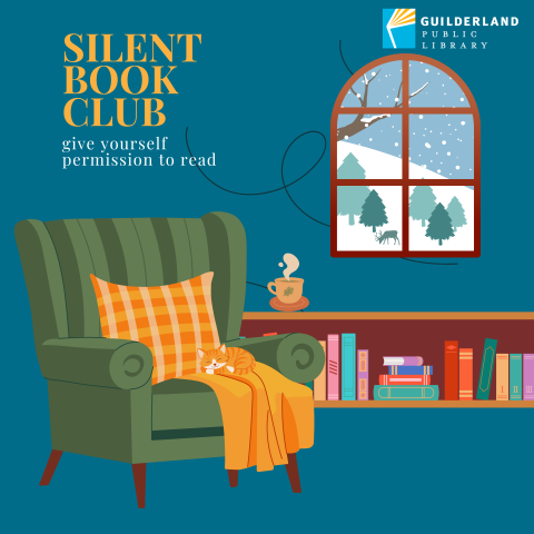 Text Silent Book Club give yourself permission to read comfy chair with cat bookcases winter scene out window