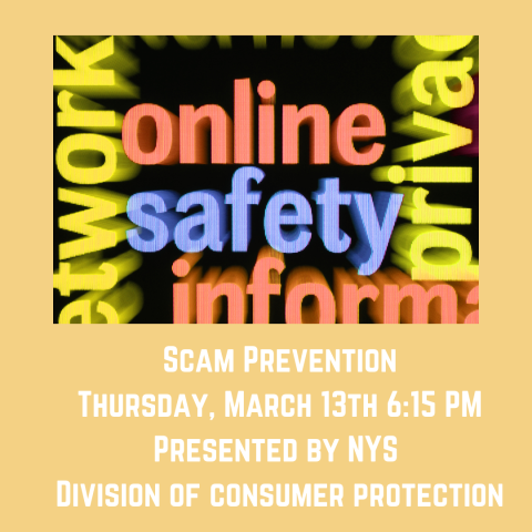 yellow background online safety in red and blue scam prevention in white