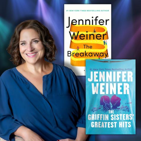 Photo of author Jennifer Weiner smiling alongside the covers of some of her books