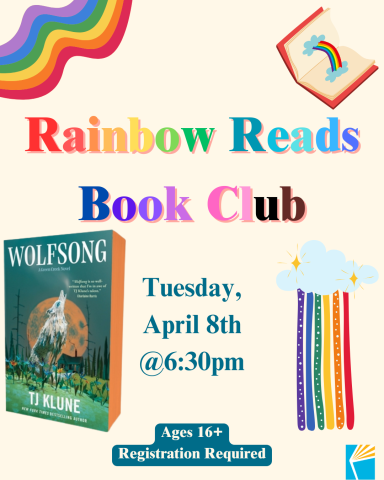 Rainbow Reads Book Club graphic for April featuring the cover of the book "Wolfsong"