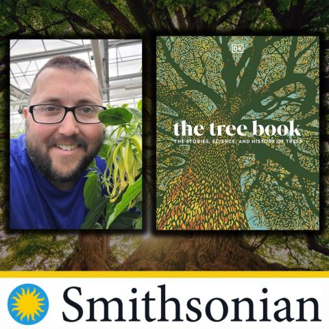 Photo of horticulturalist Matthew Fleming smiling alongside the cover of 'The Tree Book'