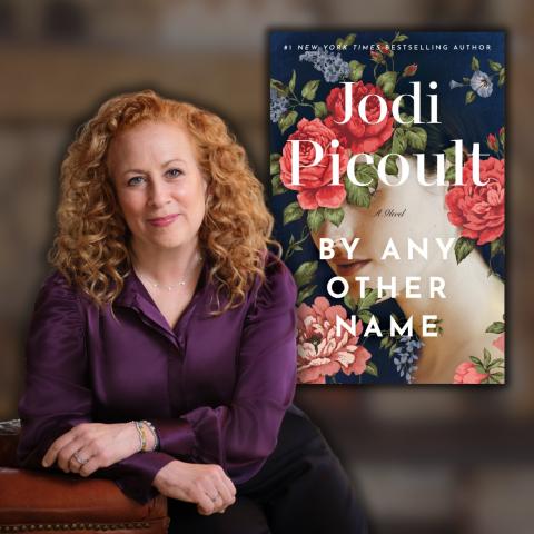 Photo of author Jodi Picoult alongside the cover of her book 'By Any Other Name'