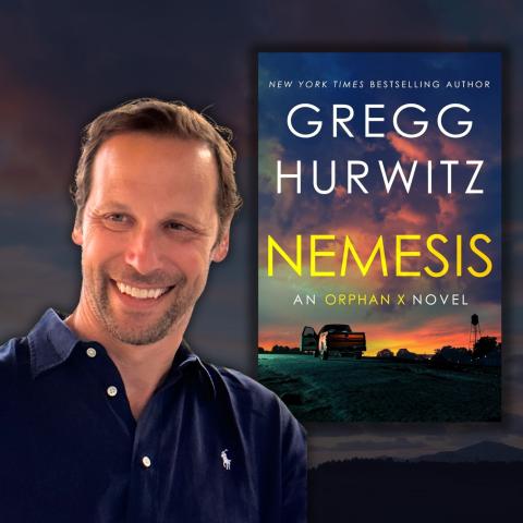 Photo of author Gregg Hurwitz smiling alongside the cover of his book 'Nemesis'