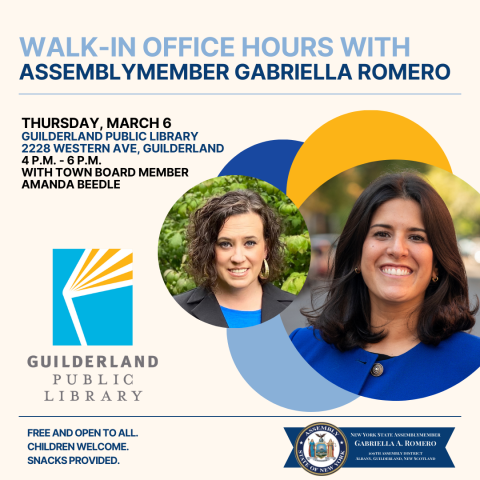 Walk-In Office Hours with Assemblymember Gabriella Romero and Town Board Member Amanda Beedle - both pictured. March 6th 4 - 6PM at Guilderland Public Library