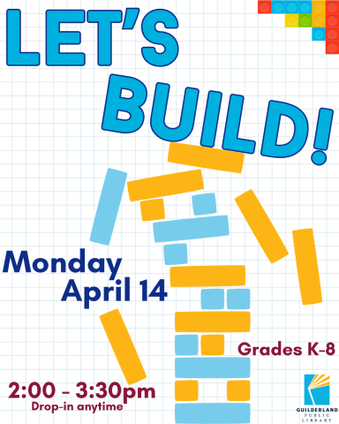 Let's Build promo image with a yellow and blue block tower tumbling down. Graph paper as the background and some multi-color Lego blocks in the top, right corner