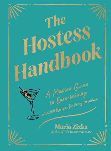 The Hostess Handbook gold lettering teal background martini glass