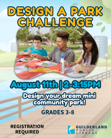 An image of three children doing arts and crafts. An image of a background of a boardwalk along a lake.