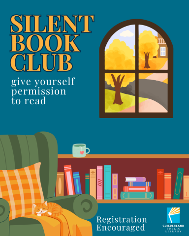Text Silent Book Club give yourself permission to read comfy chair with cat bookcases fall scene out window