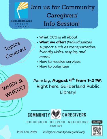 blue background Community Caregivers Info Session August 4th 1-2 pm neighbors helping neighbors