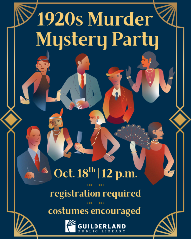 image says: 1920s murder mystery party with a drawing of a group of people dressed in 1920s attire below the image it says oct 18th 12pm registration required costumes encouraged