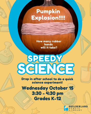 Speedy Science Logo. A pumpkin in rubber bands.