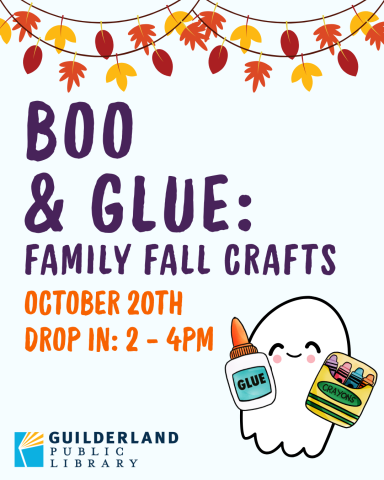 White image with a garland of a leaves and a ghost holding glue and crayons