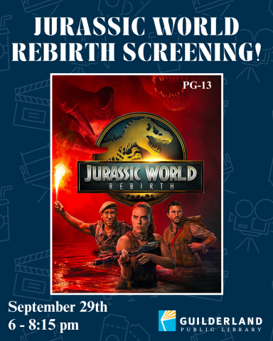 Jurassic World Rebirth Screening September 29th 6-7:30 pm; dinosaur head; man woman and man in water holding weapons red background