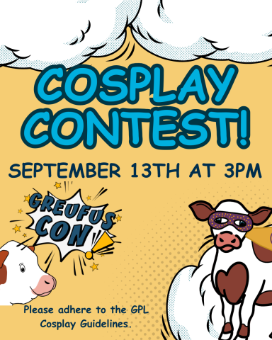 A cow in a costume with "Cosplay Contest" in bold.