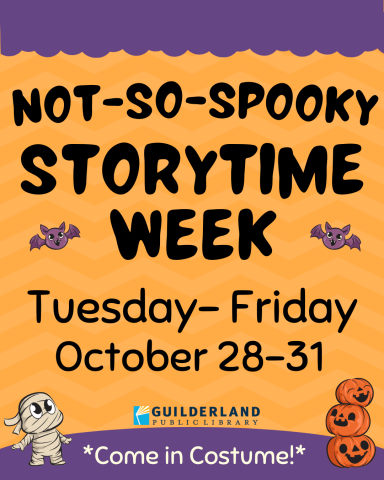 Not-So-Spooky Storytime promo image with orange zigzag background, purple clouds and purple ground. Cute mummy in bottom left corner looking up. Cute stack of three jack-o-lanterns in bottom right corner. Two cute purple bats flying in middle on either side of words. 