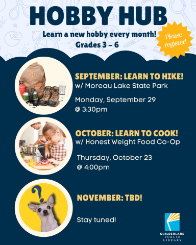 Blue image that says Hubby Hub. Picture of hiking gear. September: Learn to Hike!