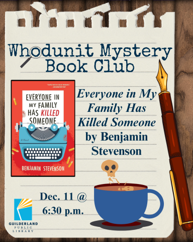 Cover of Everyone in My Family Has Killed Someone by Benjamin Stevenson on a notepad paper with a fountain pen and poisoned tea cup