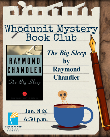 Cover of The Big Sleep by Raymond Chandler on a notepad paper with a fountain pen and poisoned tea cup