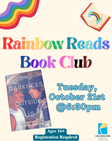 Cover of the book 'The Darkness Outside Us' along with details for the October meeting of the Rainbow Reads Book Club  