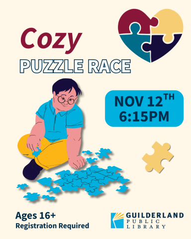 Cozy Puzzle Race, Nov 12th 6:15PM, Ages 16+, Registration Required, Image of a character putting together a jigsaw puzzle