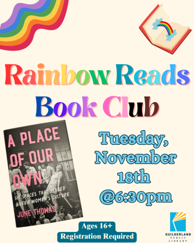 Graphic for the November meeting of the Rainbow Reads Book Club featuring the cover of the book 'A Place Of Our Own'