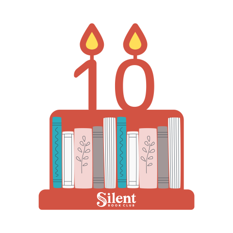 1 candle 0 candle atop a cake with book spines on red pedestal with Silent Book Club in white