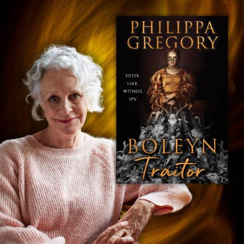 Photo of author Philippa Gregory smiling alongside the cover of her book 'Boleyn Traitor'