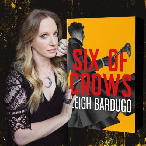 Photo of author Leigh Bardugo alongside the cover of her book 'Six of Crows'