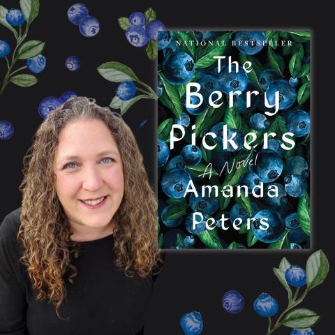 Photo of author Amanda Peters smiling alongside the cover of her book 'The Berry Pickers'