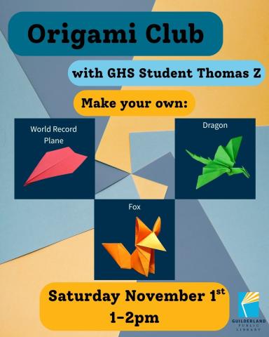 Origami Club with images of a paper airplane, dragon, and a fox