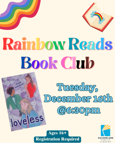 Graphic for the December meeting of the Rainbow Reads book Club featuring the cover of the book 'Loveless'