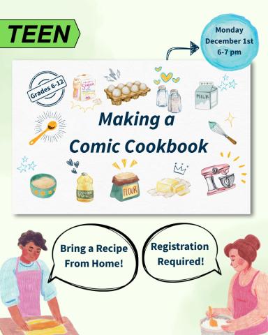 Image is of a recipe card featuring watercolor ingredients and two people. The heading is Making a Comic Cookbook