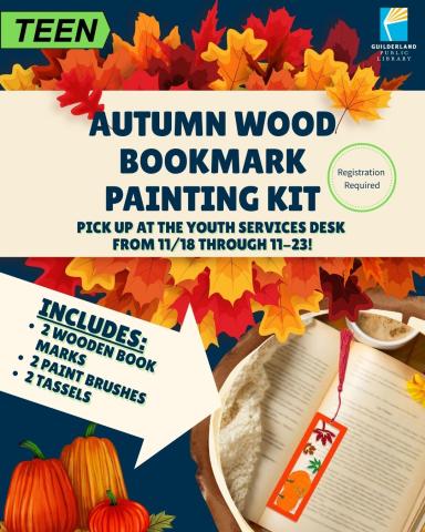 An arrow is pointing to a painted bookmark. It says the Kit includes 2 wooden bookmarks, 2 paint brushes and 2 tassels. 
