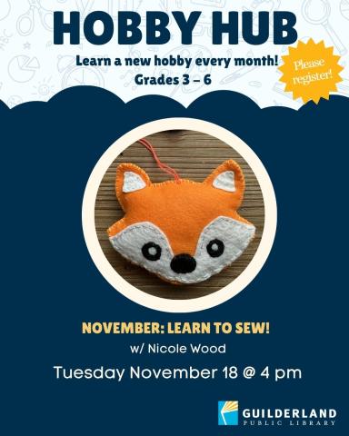 Dark blue image with a circular inset image of a sewn fox. The title of the image says Hobby Hub.