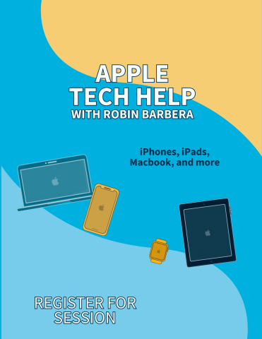 Apple Tech Help blue and yellow background macbook iphone apple watch devices register for session
