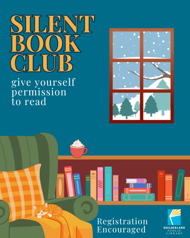 Text Silent Book Club give yourself permission to read comfy chair with cat bookcases winter scene out window