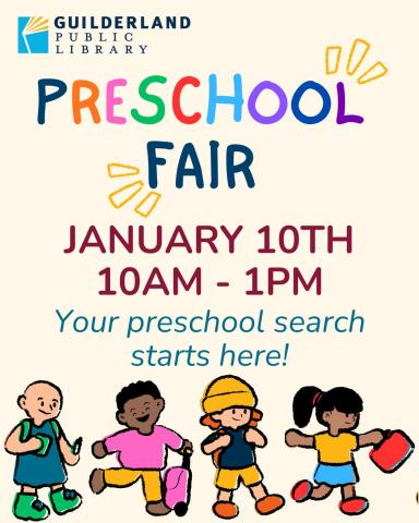 Four cartoon children and the words Preschool Fair