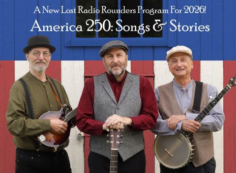 three men standing holding a ukulele, guitar, and banjo